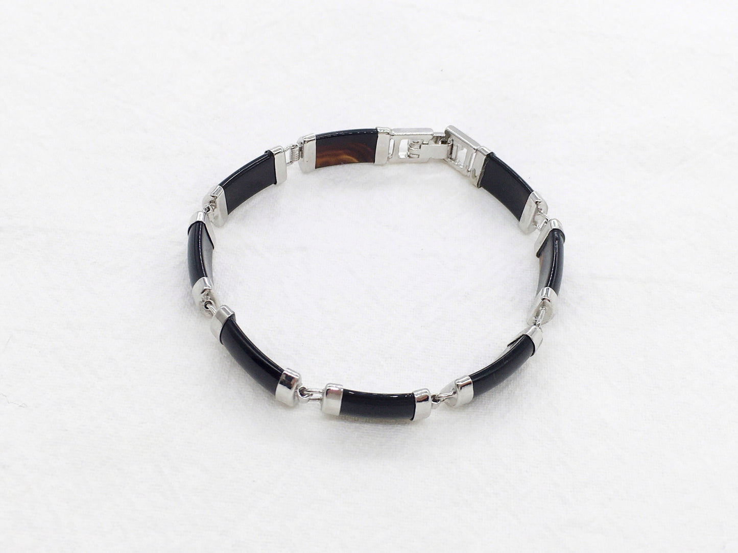 Black Obsidian Rectangle Link Bracelet, White Gold Plated