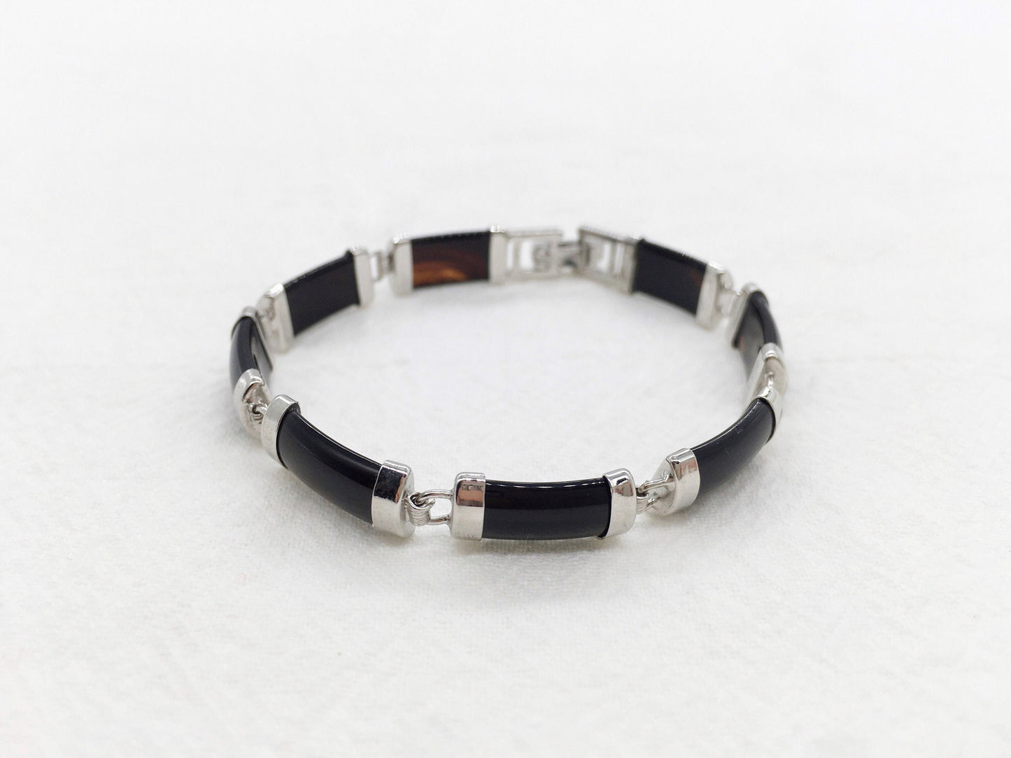 Black Obsidian Rectangle Link Bracelet, White Gold Plated