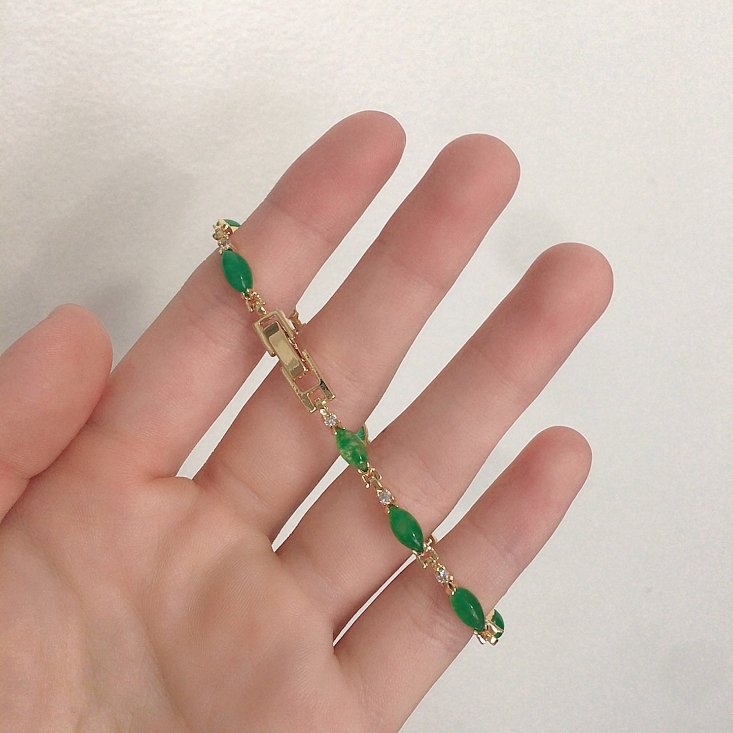 Green Leaf Jade Gemstone Link Bracelet, Gold Plated