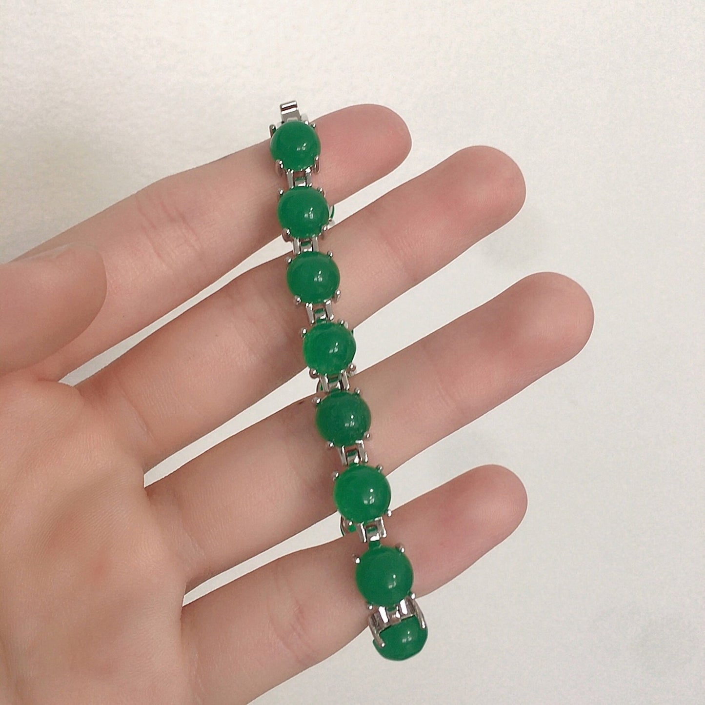 Genuine Oval Green Jade Link Bracelet, White Gold Plated