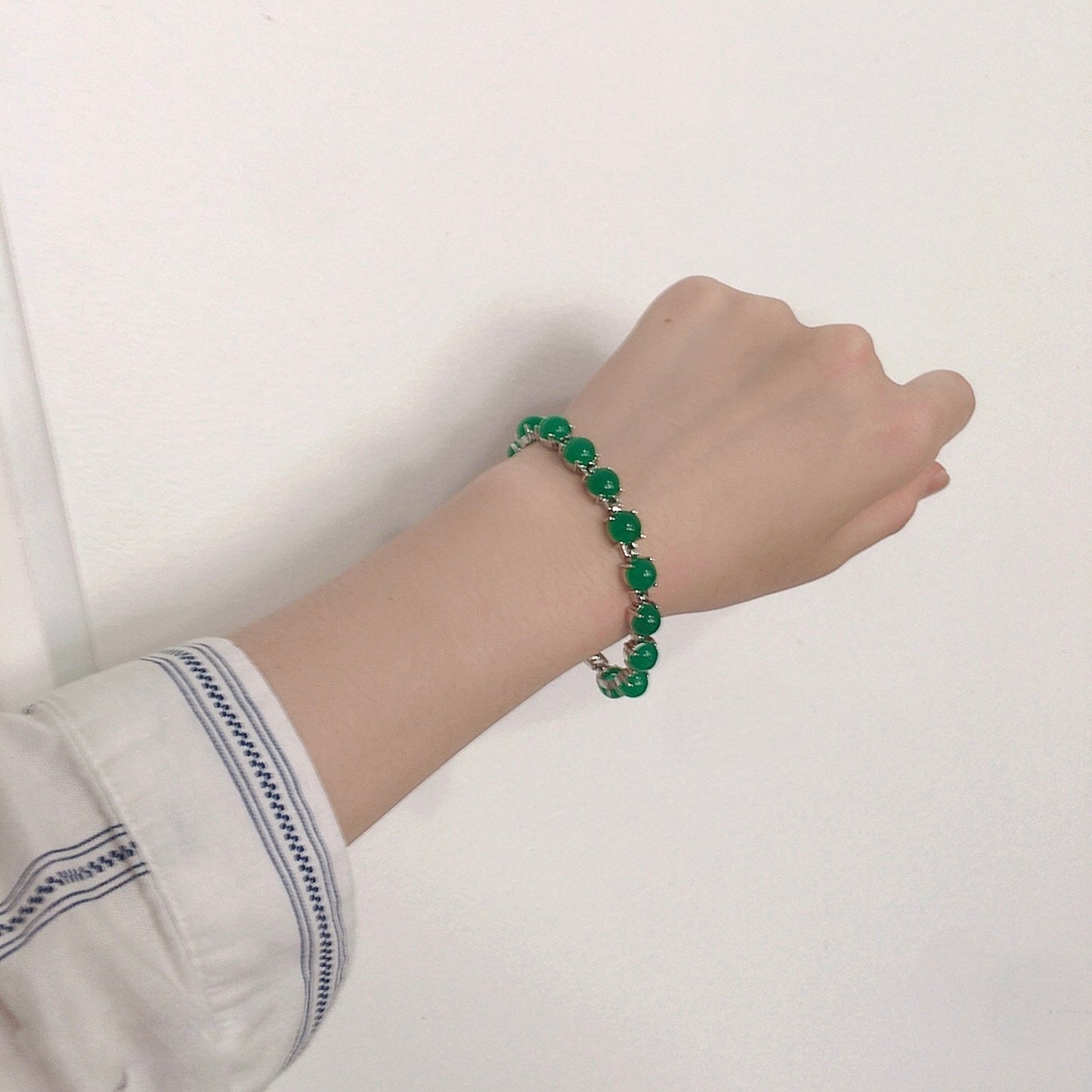 Genuine Oval Green Jade Link Bracelet, White Gold Plated