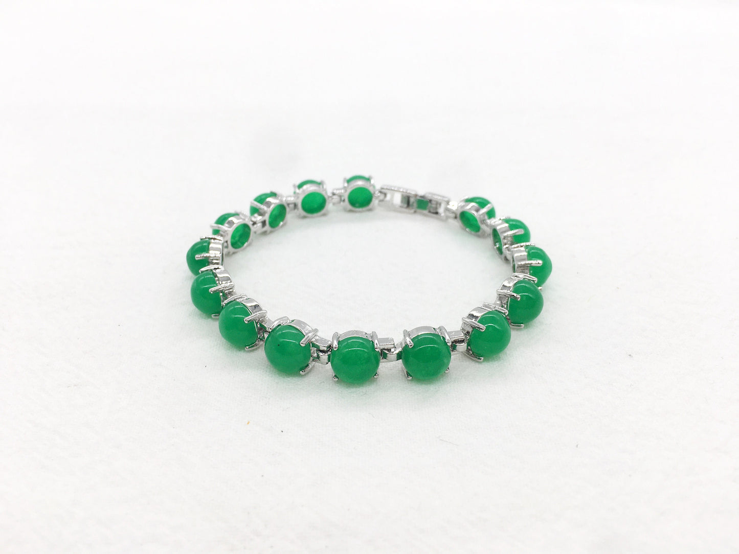 Genuine Oval Green Jade Link Bracelet, White Gold Plated