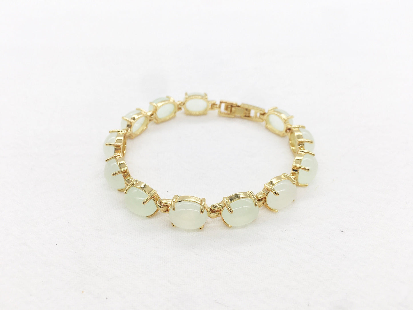 Genuine Oval Light Green Jade Link Bracelet, Gold Plated