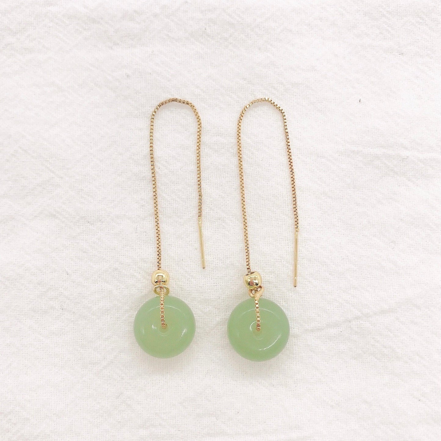 Gold Plated Jade Donuts Pendant Earrings, Circle Jade Drop Style Earrings