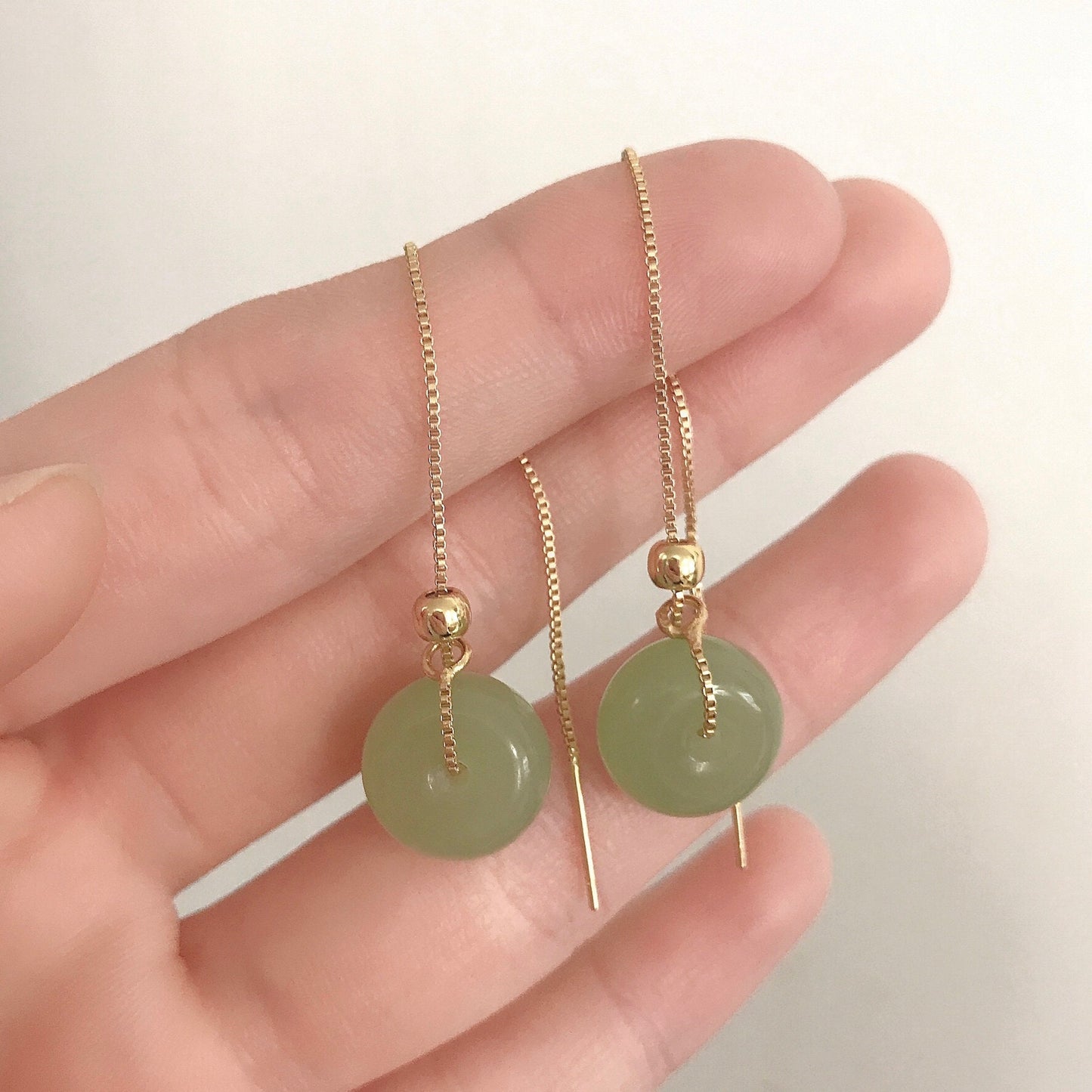 Gold Plated Jade Donuts Pendant Earrings, Circle Jade Drop Style Earrings