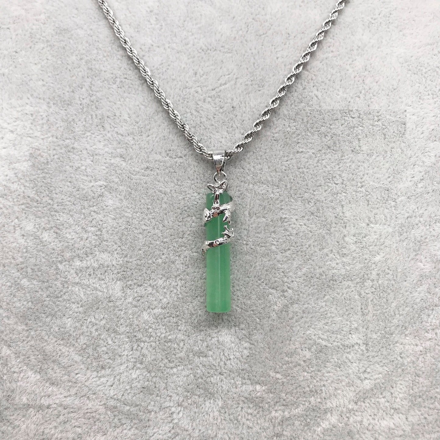 Silver Tone Pea Green Jade Dragon Pendant Necklace, Stainless Steel Rope Chain