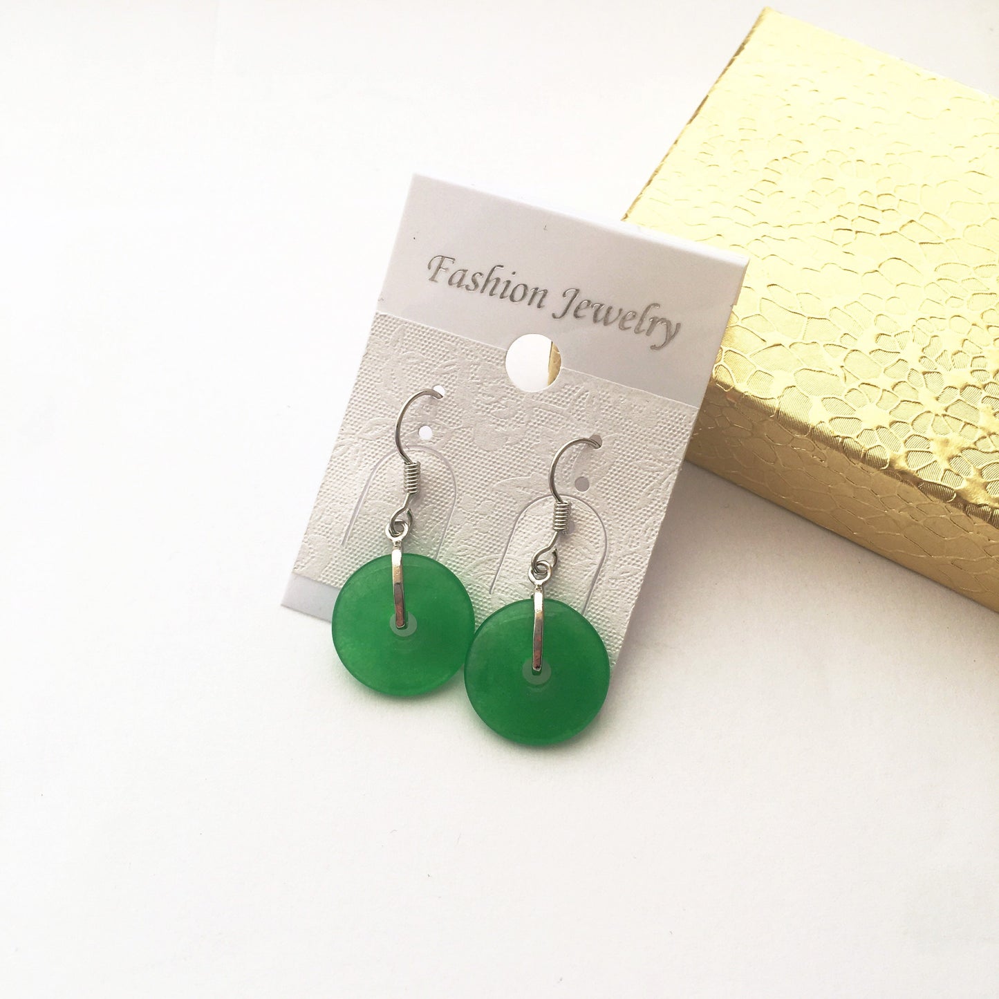 White Gold Plated Green Circle Donut Jade dangle earrings