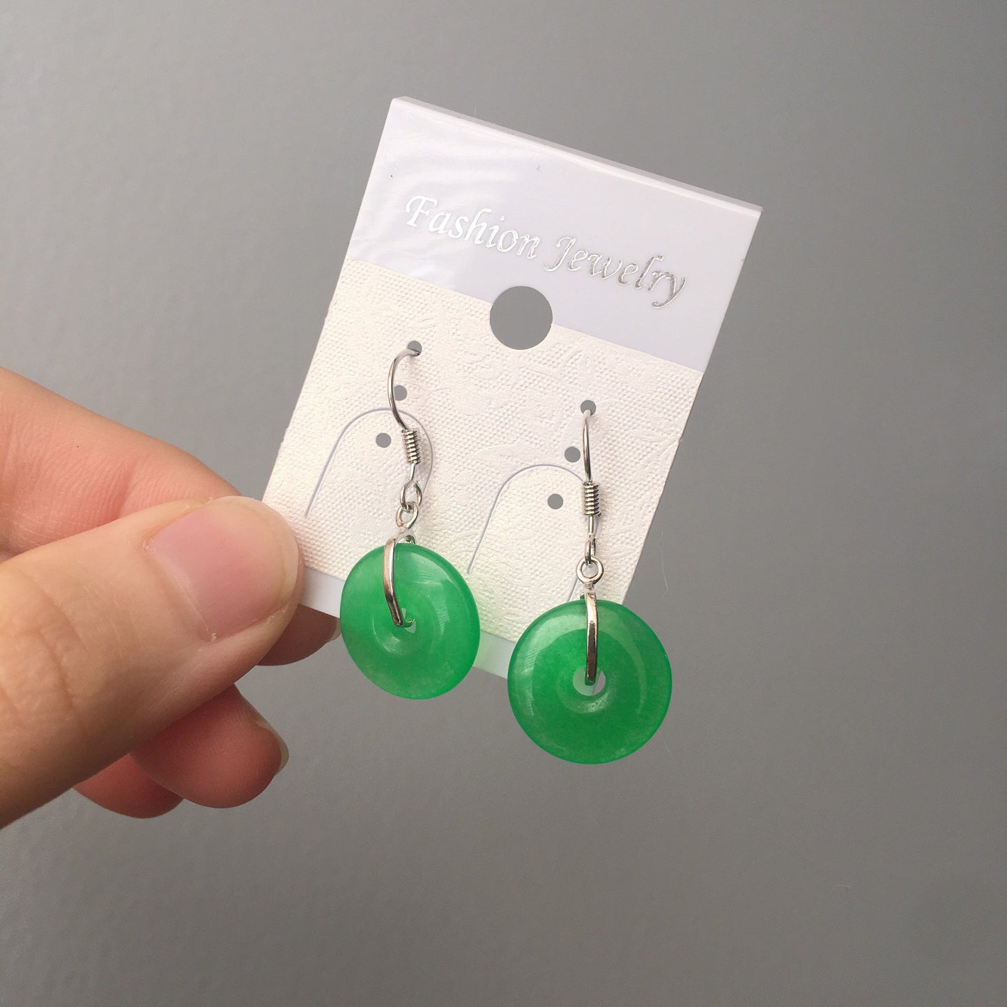 White Gold Plated Green Circle Donut Jade dangle earrings
