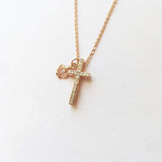 Shiny cross, crown rose gold tone necklace