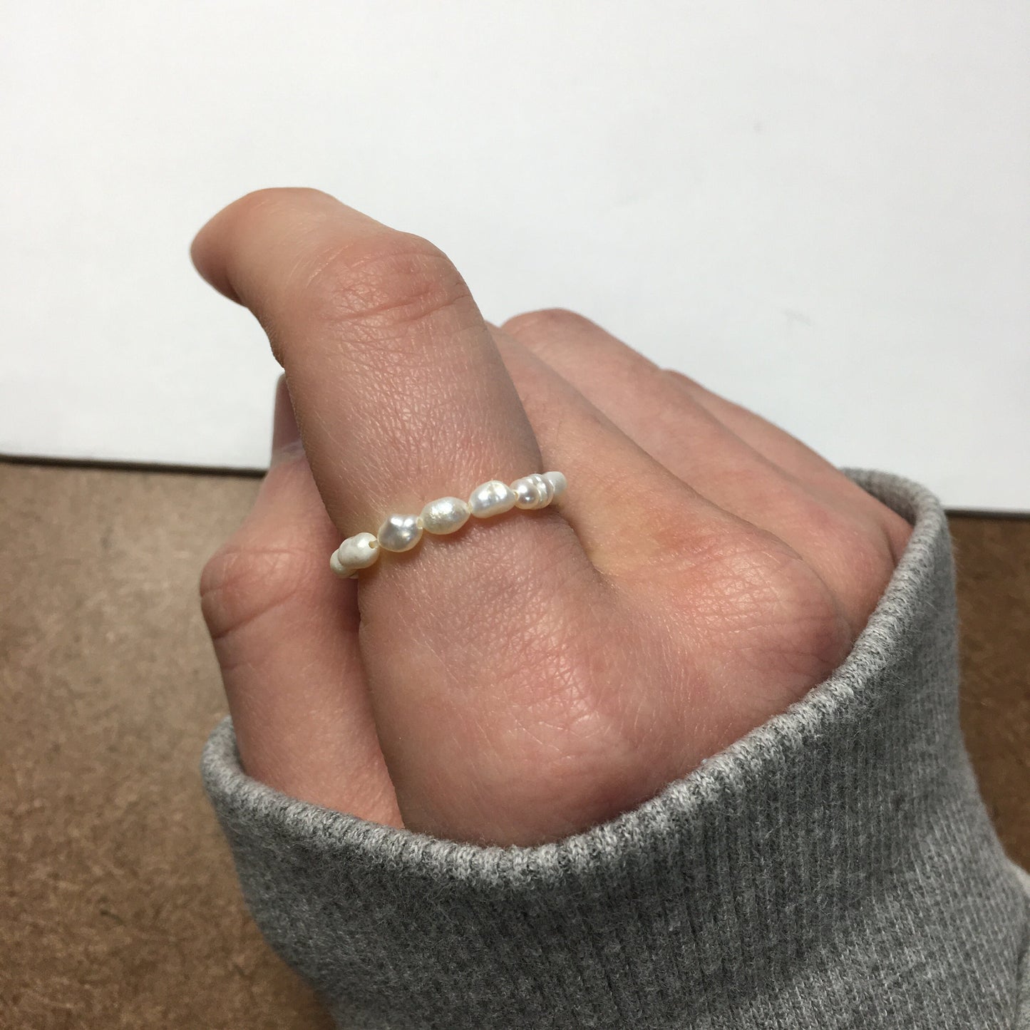 White Freshwater Pearl beaded ring, stackable ring
