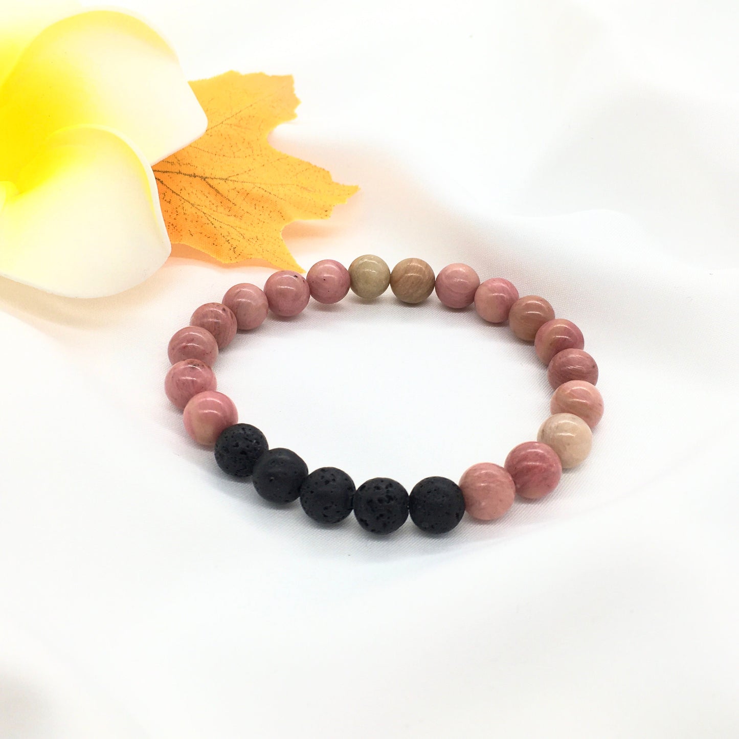 Rhodonite and Lava stone Beaded Elastic Bracelet, 8mm gemstone beaded