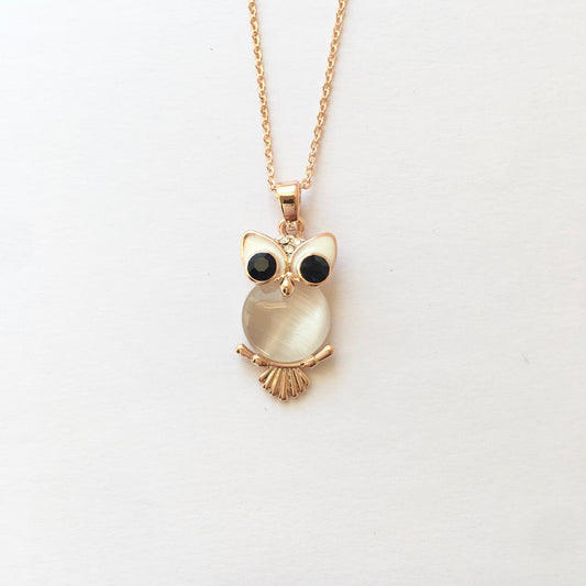 Rose Gold Plated Shiny Cat Eye Stone Owl Necklace, Gift for Girls