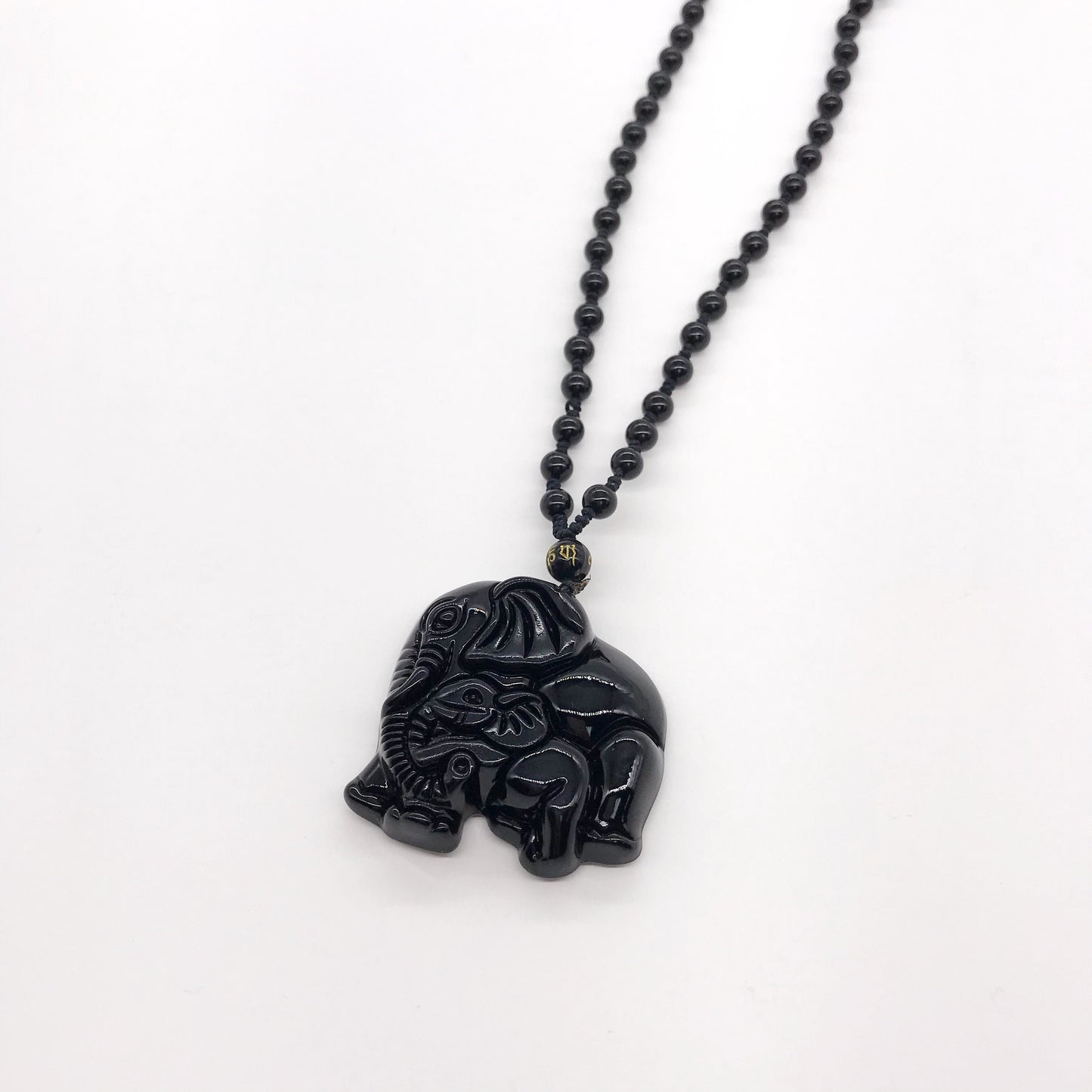 Natural Black Obsidian Carved Elephant Amulet Pendant Necklace, Mother and Baby Elephant Consecrate pendant, Lucky Gift