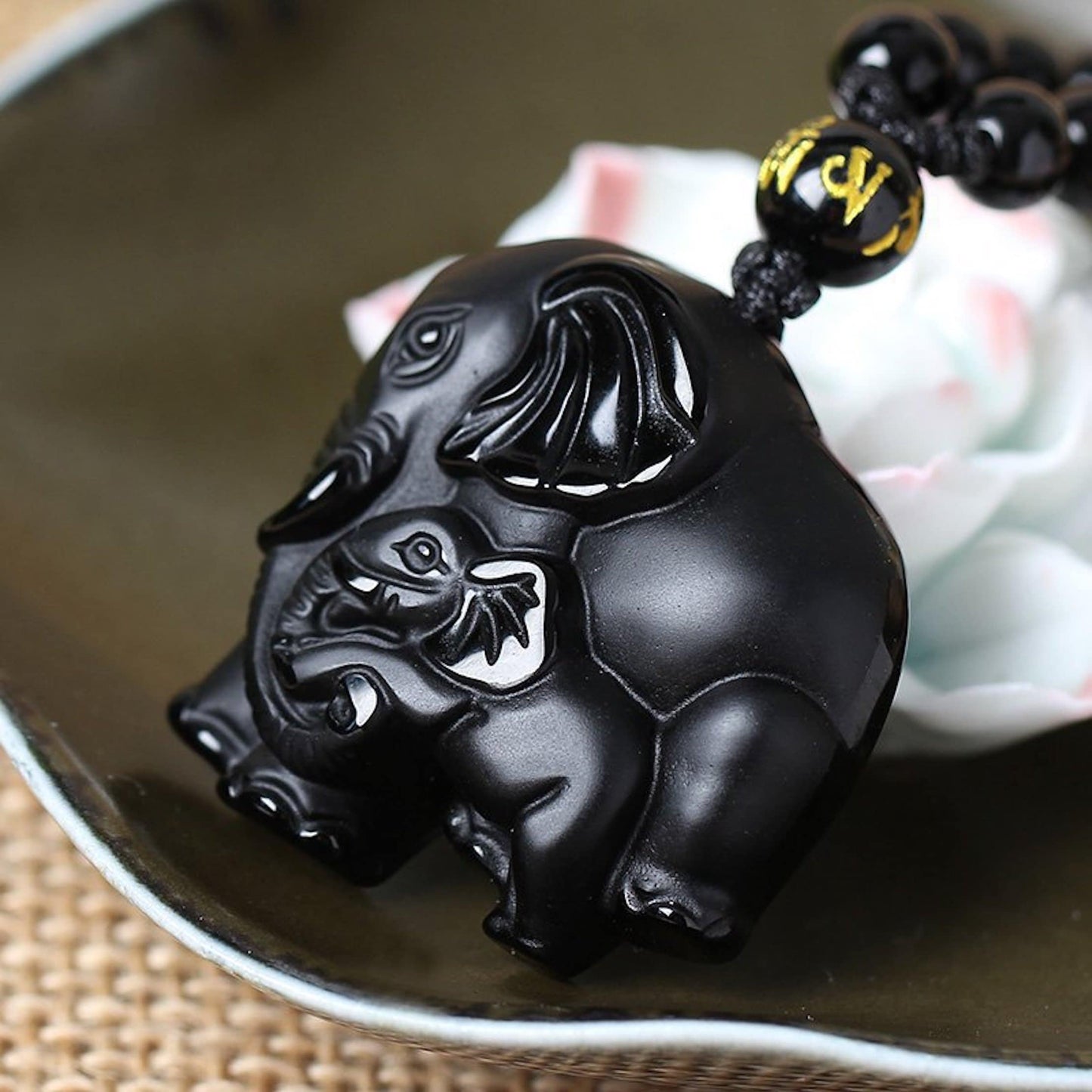 Natural Black Obsidian Carved Elephant Amulet Pendant Necklace, Mother and Baby Elephant Consecrate pendant, Lucky Gift