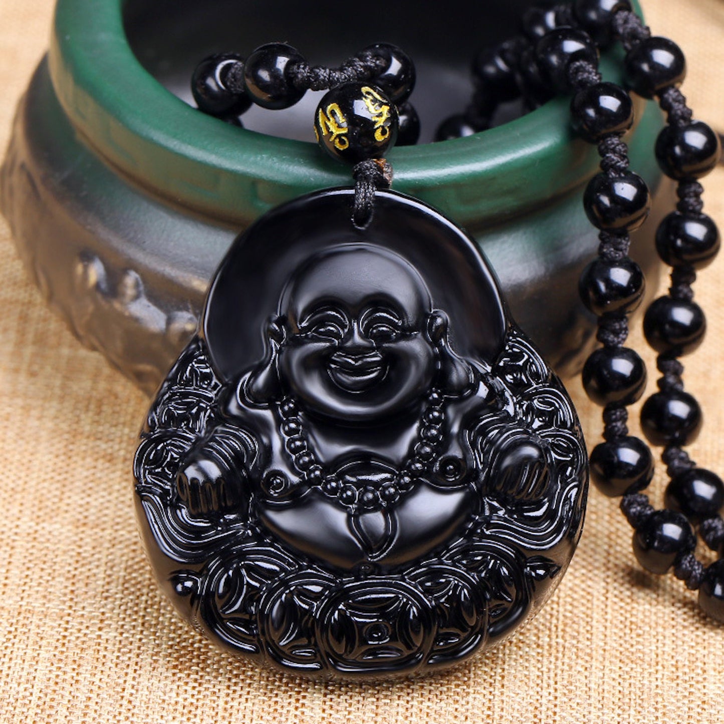 Natural Black Obsidian Carved Laughing Buddha Amulet Pendant Necklace, Buddhism Consecrate Pendant, Lucky Gift