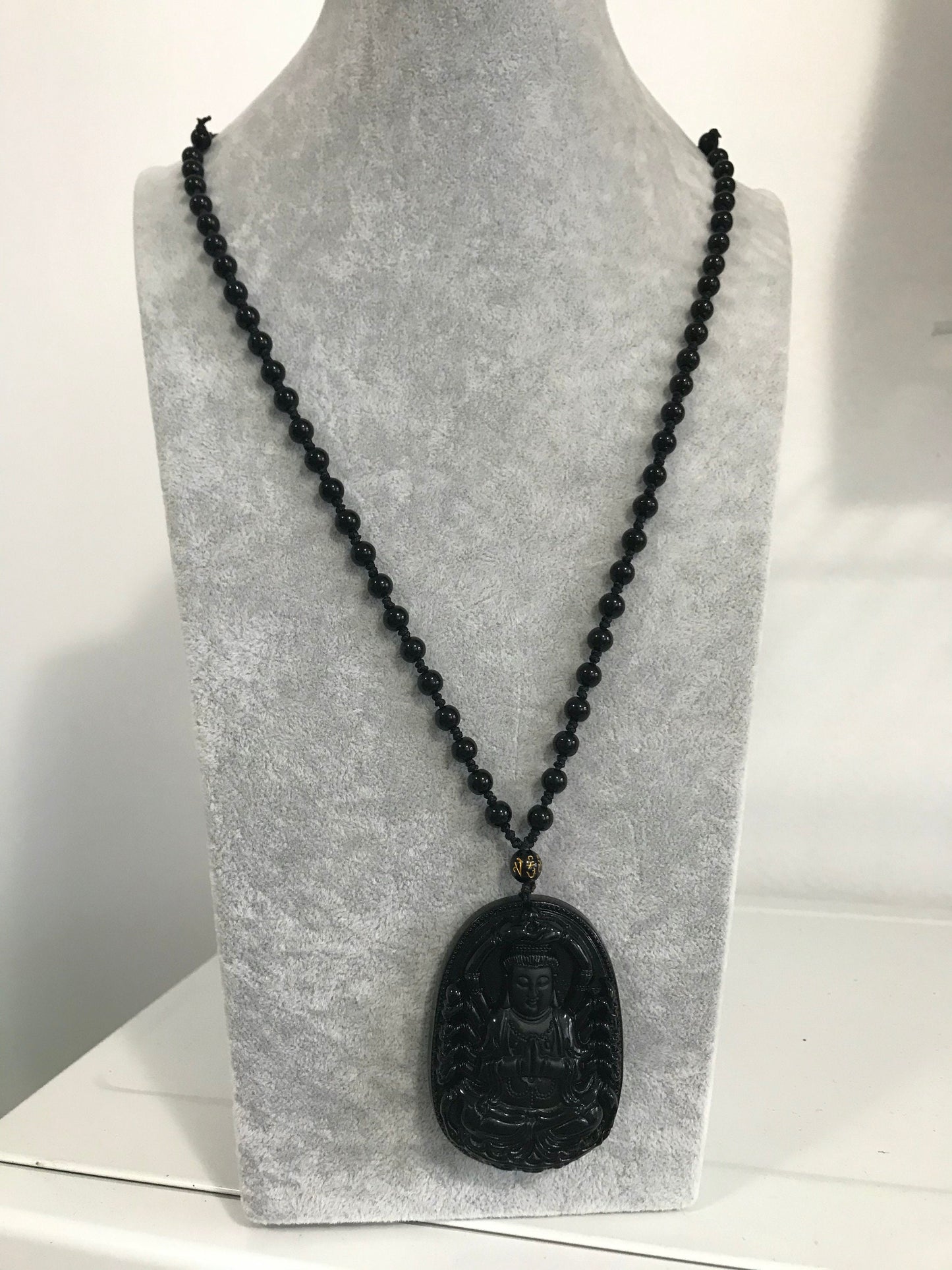 Natural Black Obsidian Thousand-Hand Guanyin Buddha Amulet Pendant Necklace, Lucky Gift