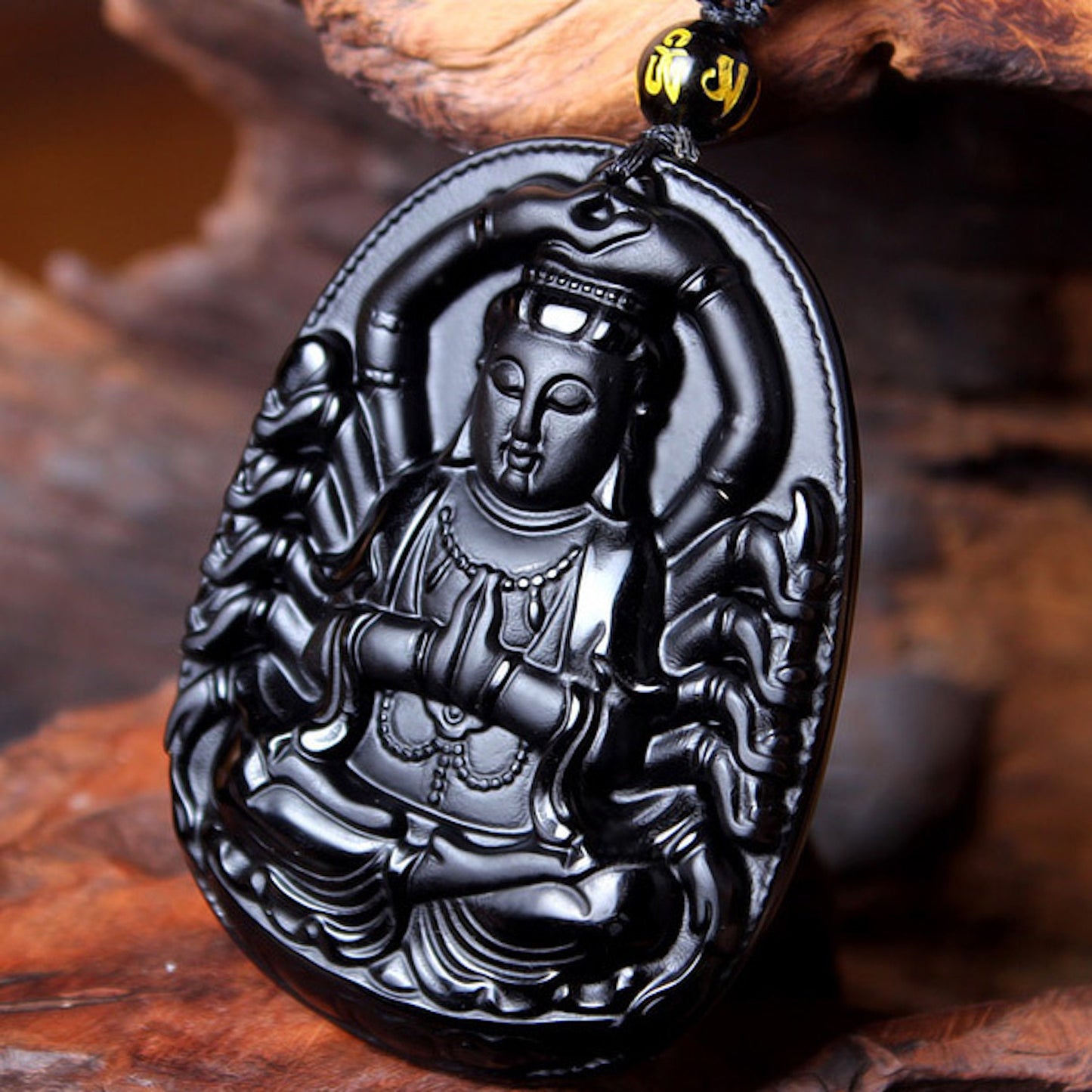 Natural Black Obsidian Thousand-Hand Guanyin Buddha Amulet Pendant Necklace, Lucky Gift