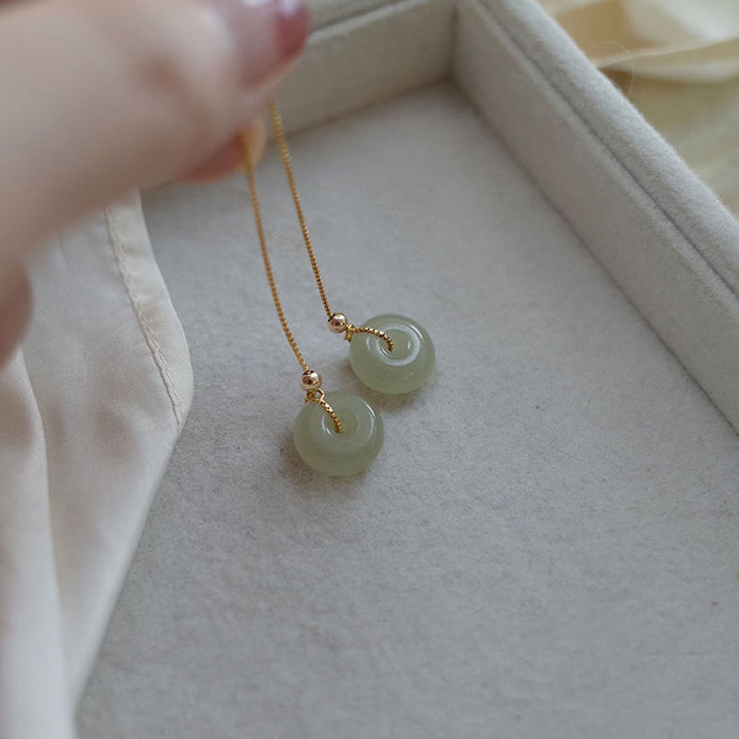 Gold Plated Hetian Jade Donuts Pendant Earrings, Minimalist Circle Jade Drop Earrings, Lucky Gift