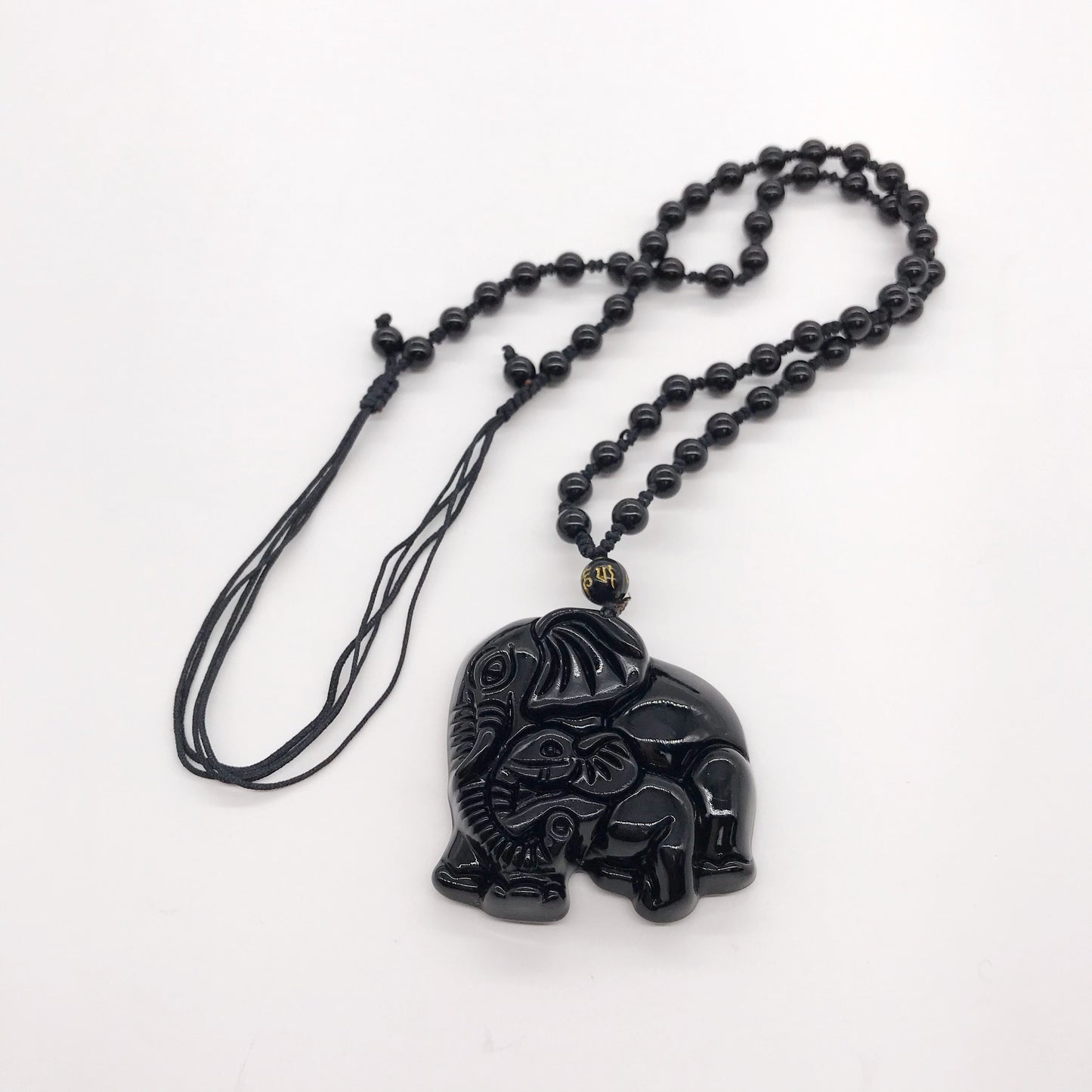 Natural Black Obsidian Carved Elephant Amulet Pendant Necklace, Mother and Baby Elephant Consecrate pendant, Lucky Gift