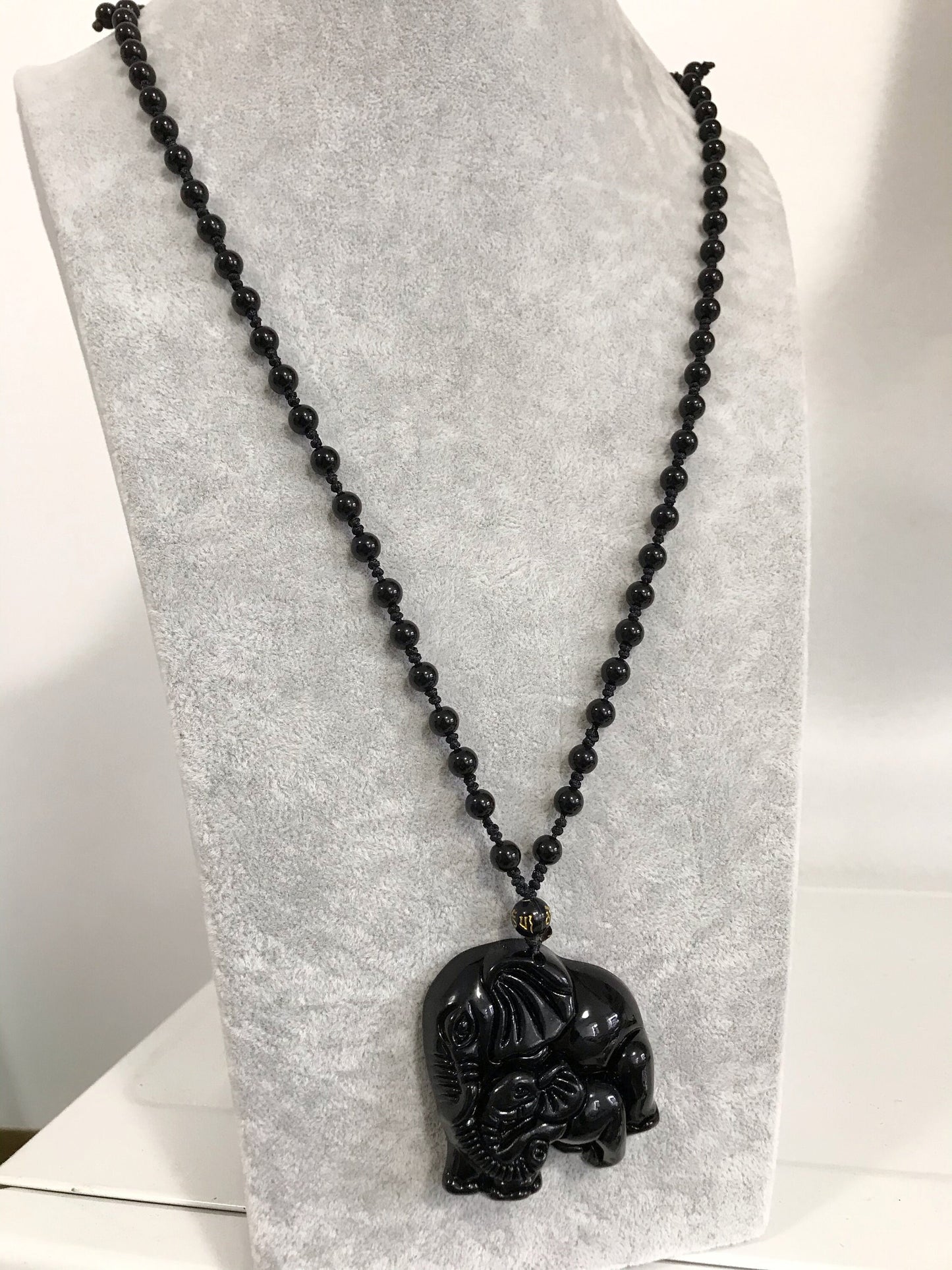 Natural Black Obsidian Carved Elephant Amulet Pendant Necklace, Mother and Baby Elephant Consecrate pendant, Lucky Gift