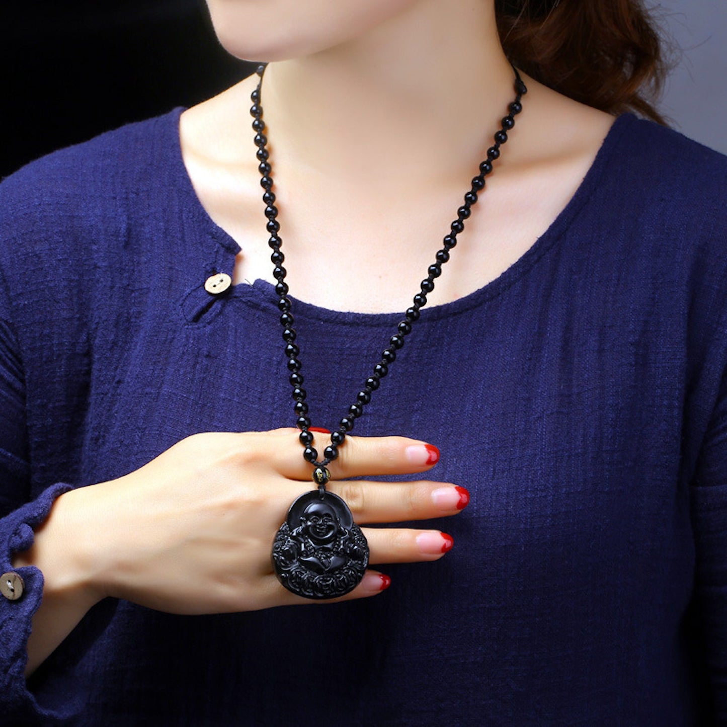 Natural Black Obsidian Carved Laughing Buddha Amulet Pendant Necklace, Buddhism Consecrate Pendant, Lucky Gift