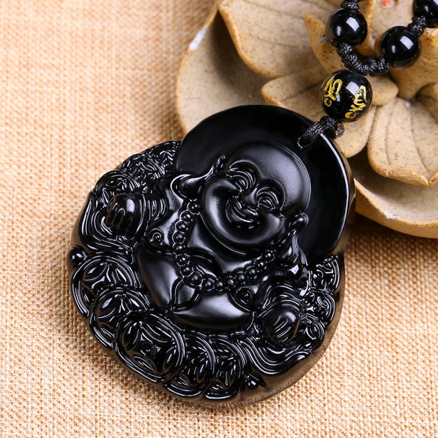 Natural Black Obsidian Carved Laughing Buddha Amulet Pendant Necklace, Buddhism Consecrate Pendant, Lucky Gift