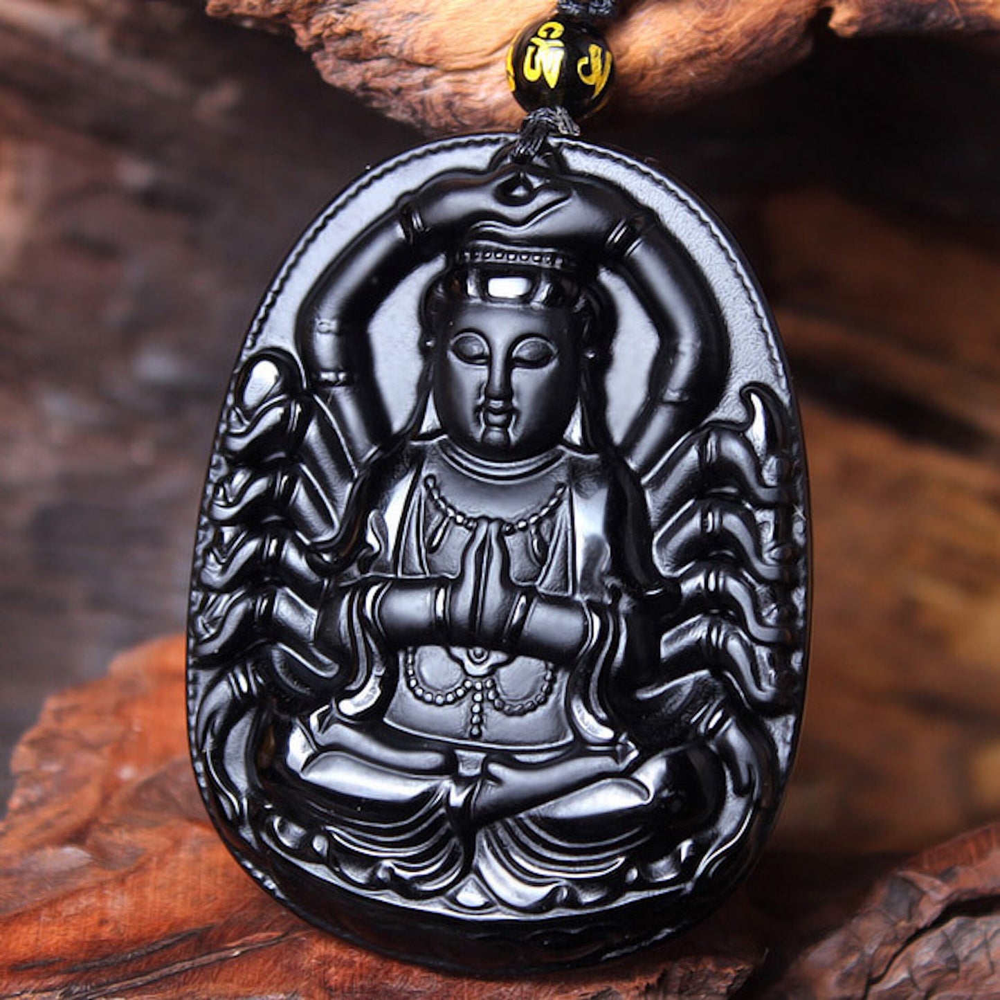 Natural Black Obsidian Thousand-Hand Guanyin Buddha Amulet Pendant Necklace, Lucky Gift