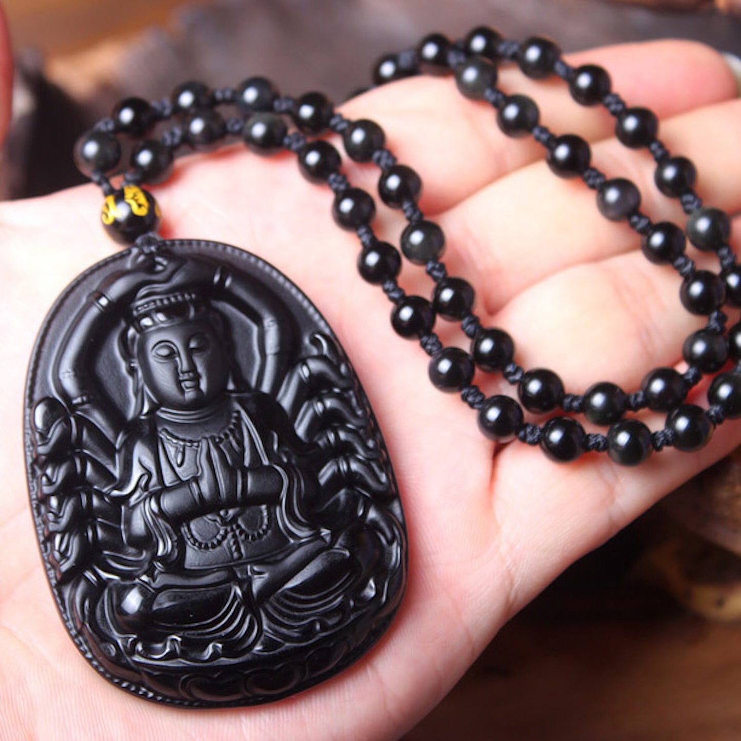 Natural Black Obsidian Thousand-Hand Guanyin Buddha Amulet Pendant Necklace, Lucky Gift