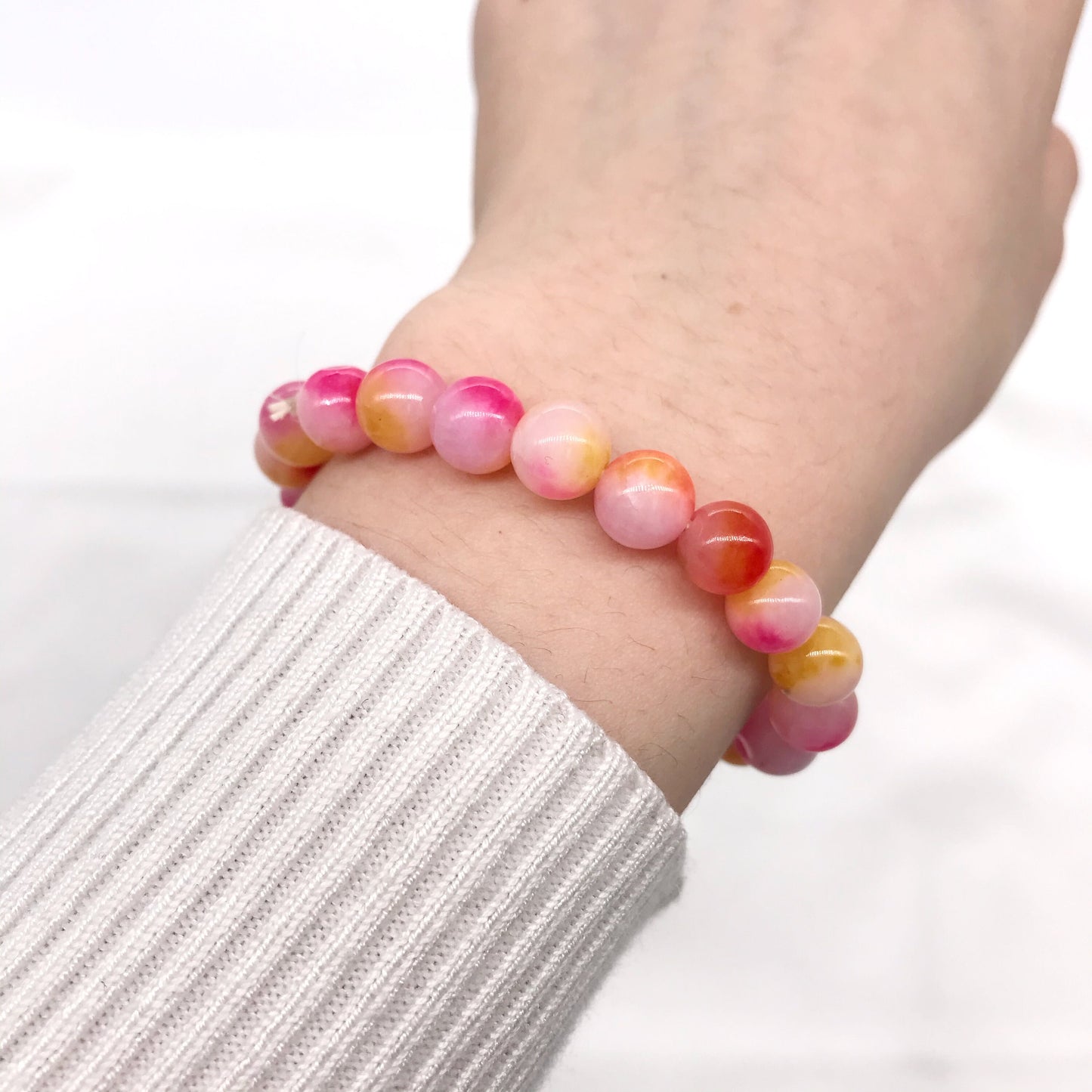 8mm Rose Pink and Yellow multi-color Jade Beaded Bracelet, Natural gemstone bracelet