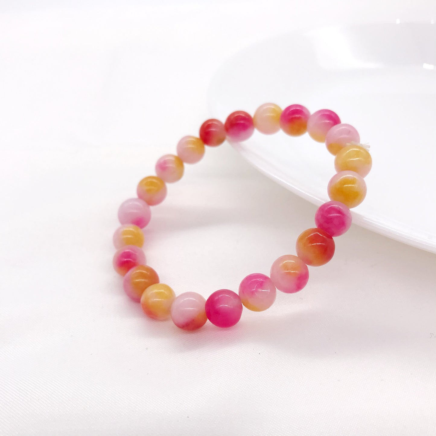 8mm Rose Pink and Yellow multi-color Jade Beaded Bracelet, Natural gemstone bracelet