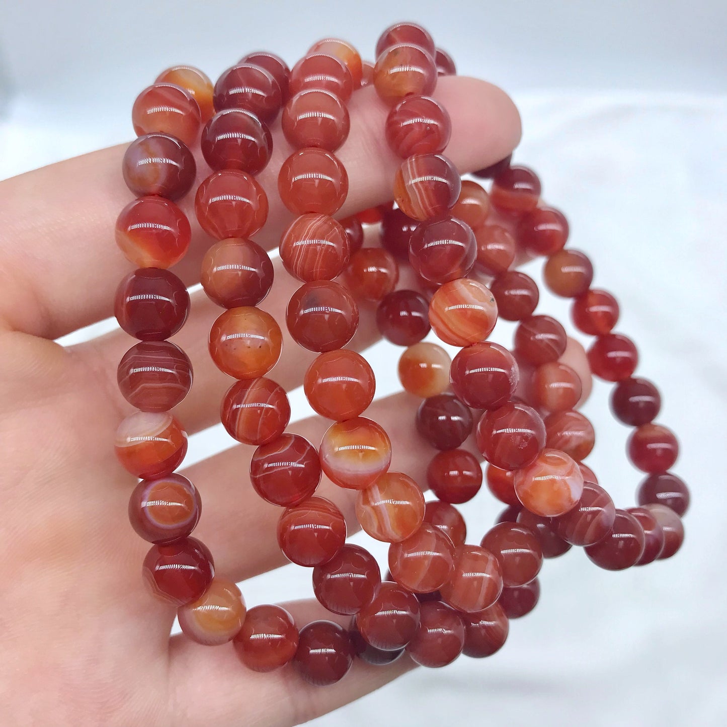 8mm Red Agate Carnelian Beaded Bracelet, White Red Natural Gemstone Bracelet