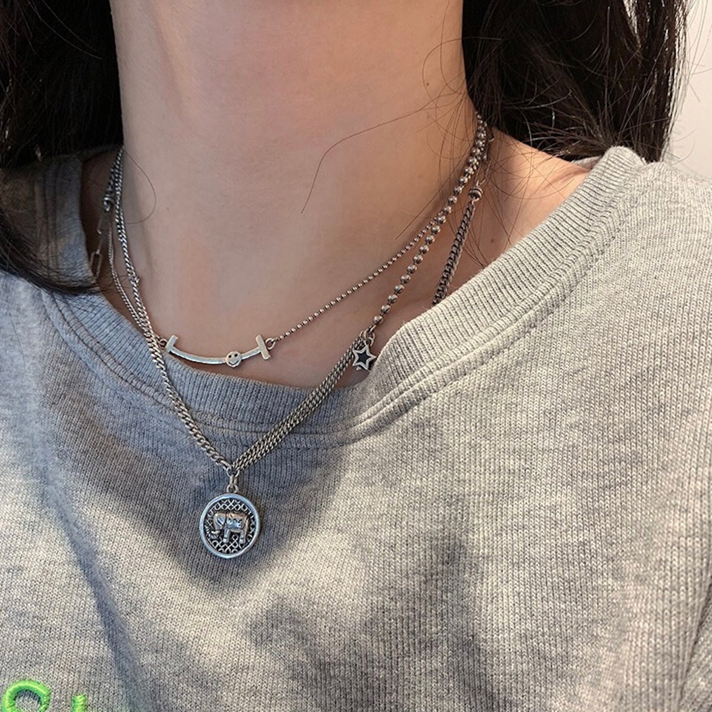 925 Sterling Silver Elephant Star Clavicle Chain Necklace