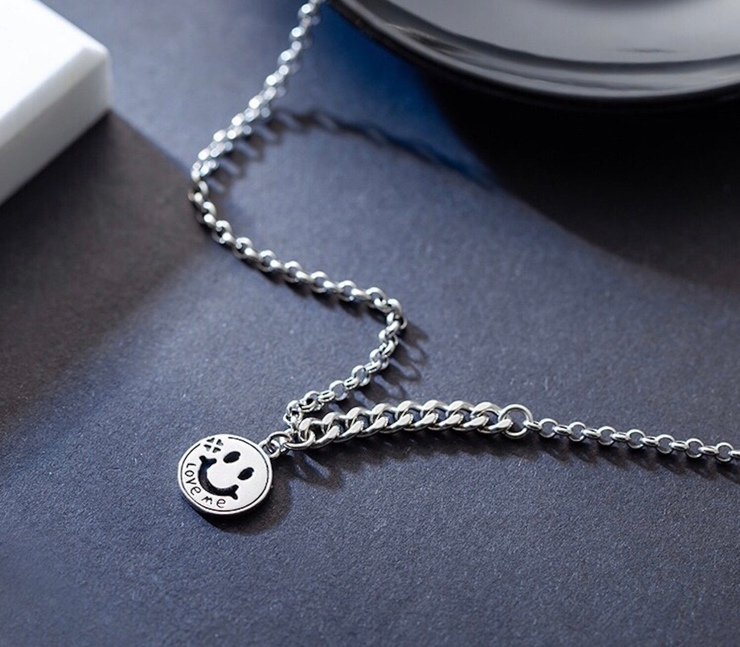 925 Sterling Silver Smiley Face Chain Necklace