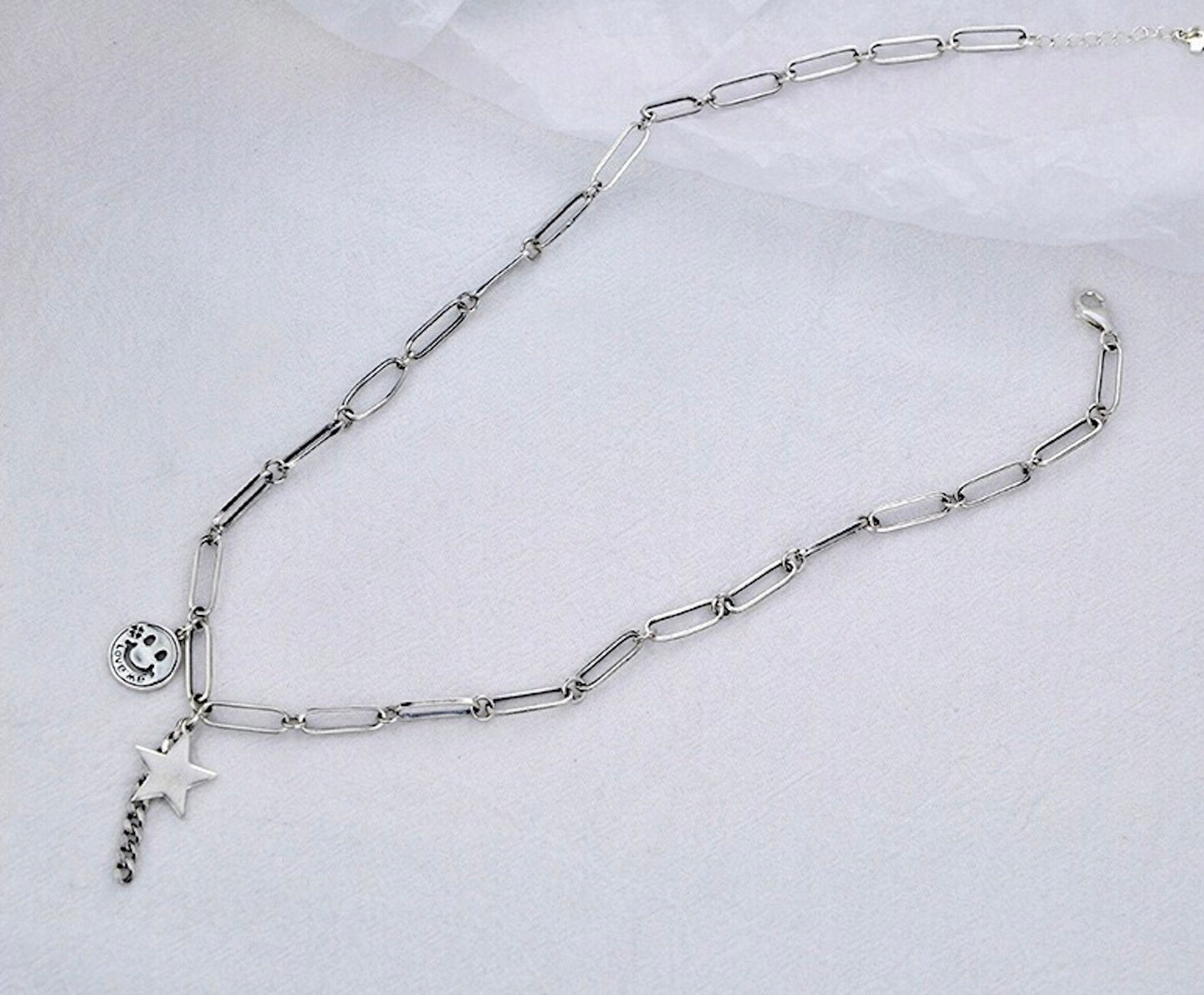 925 Sterling Silver Smiley Face Star Chain Necklace