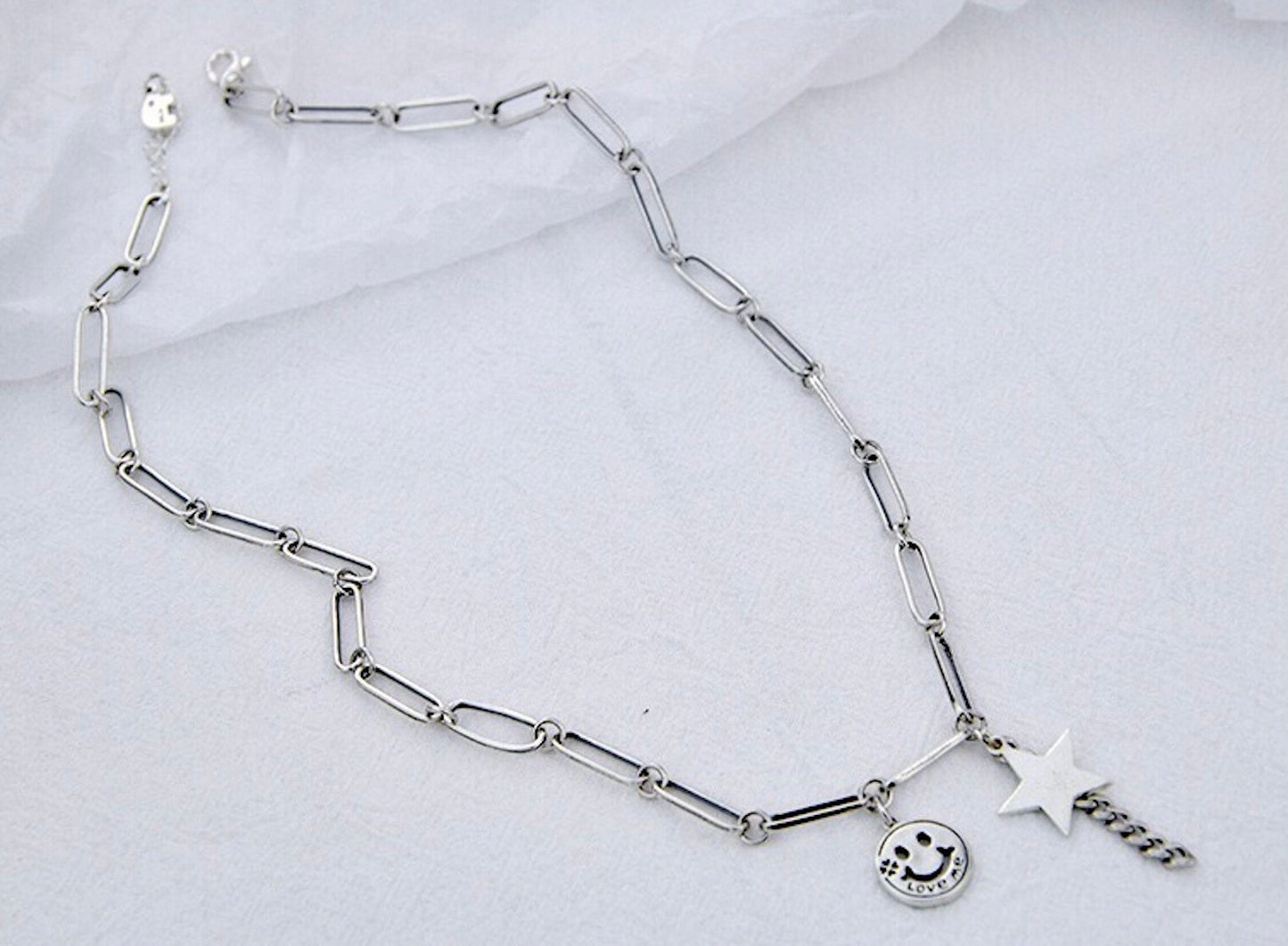 925 Sterling Silver Smiley Face Star Chain Necklace