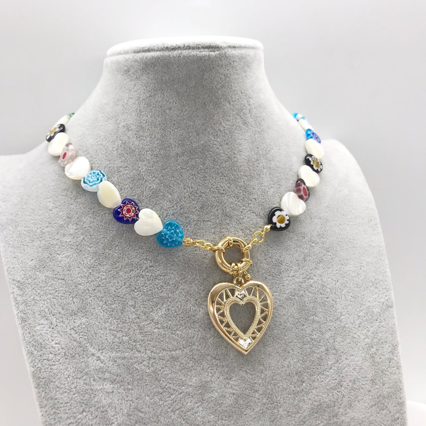 Heart shape pendant pearls shell colorful flower beaded necklace