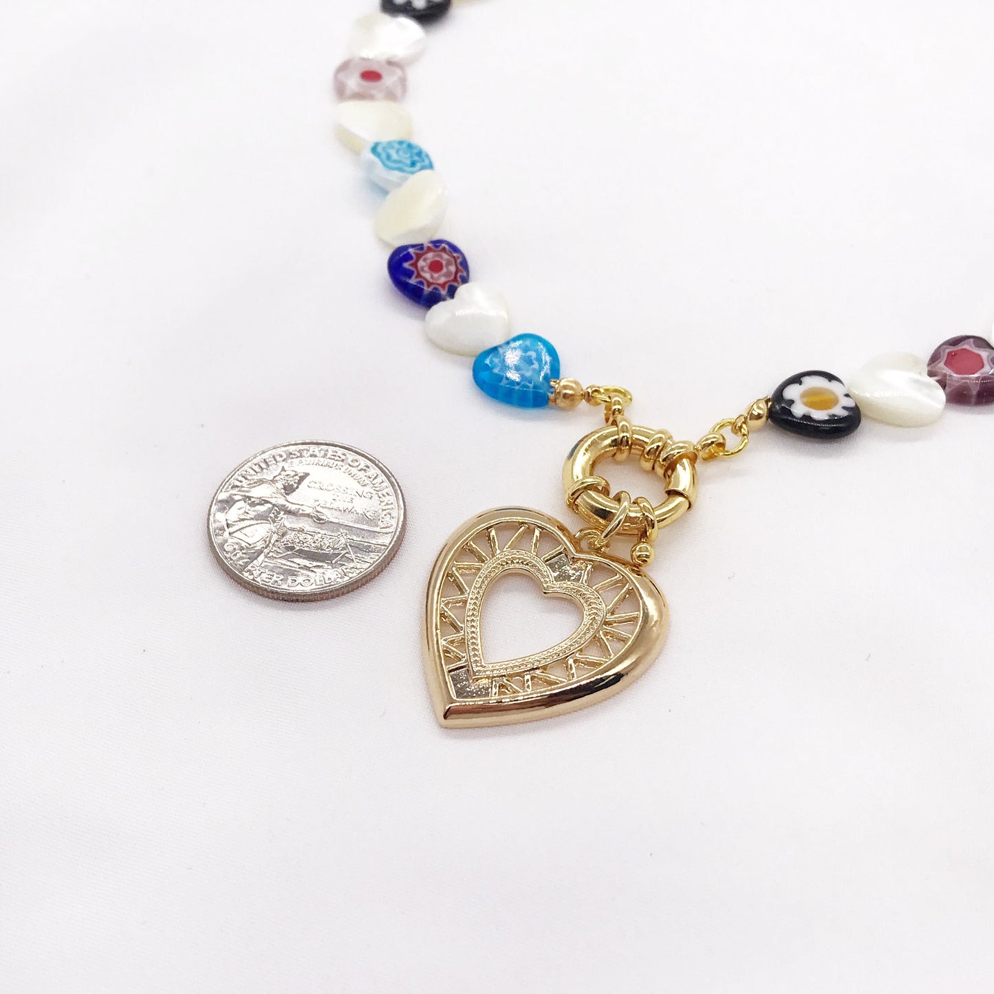 Heart shape pendant pearls shell colorful flower beaded necklace