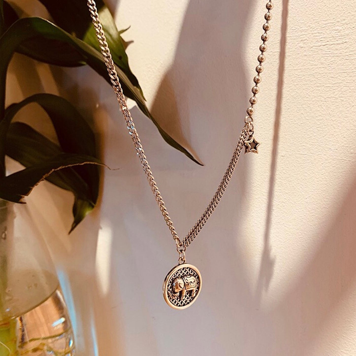 925 Sterling Silver Elephant Star Clavicle Chain Necklace