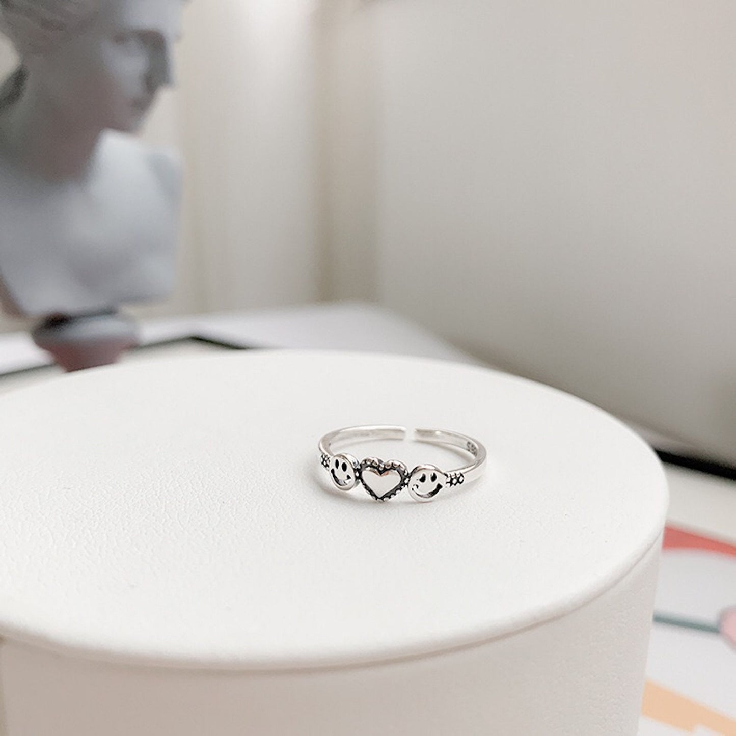 925 Sterling Silver Smiley Face Heart Shape Adjustable Open Band Ring