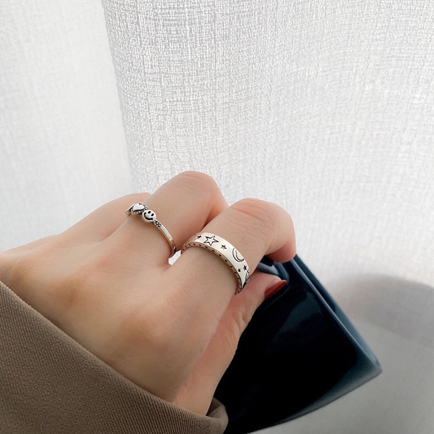 925 Sterling Silver Smiley Face Heart Shape Adjustable Open Band Ring