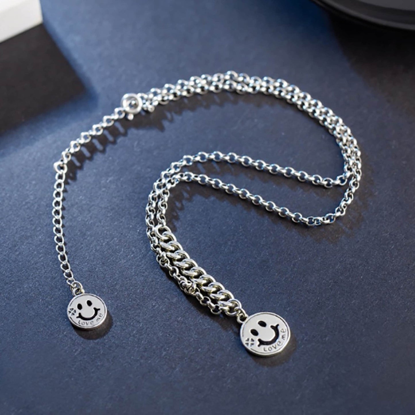 925 Sterling Silver Smiley Face Chain Necklace
