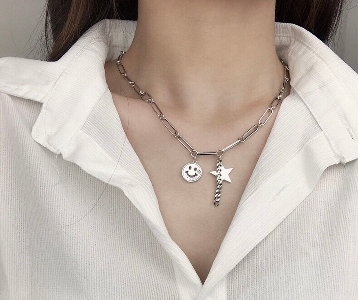 925 Sterling Silver Smiley Face Star Chain Necklace