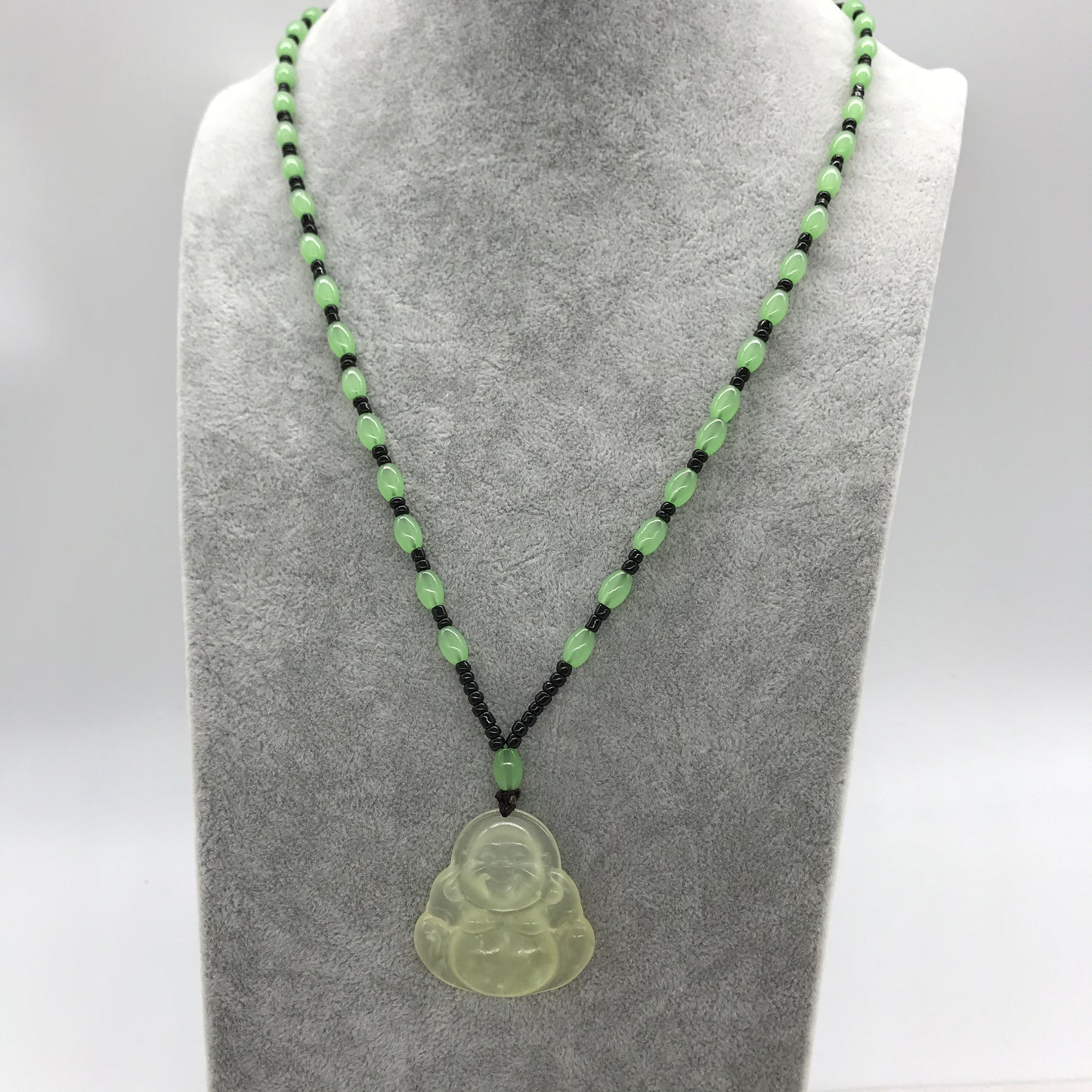 Light Green Jade Buddha Pendant Beaded Necklace