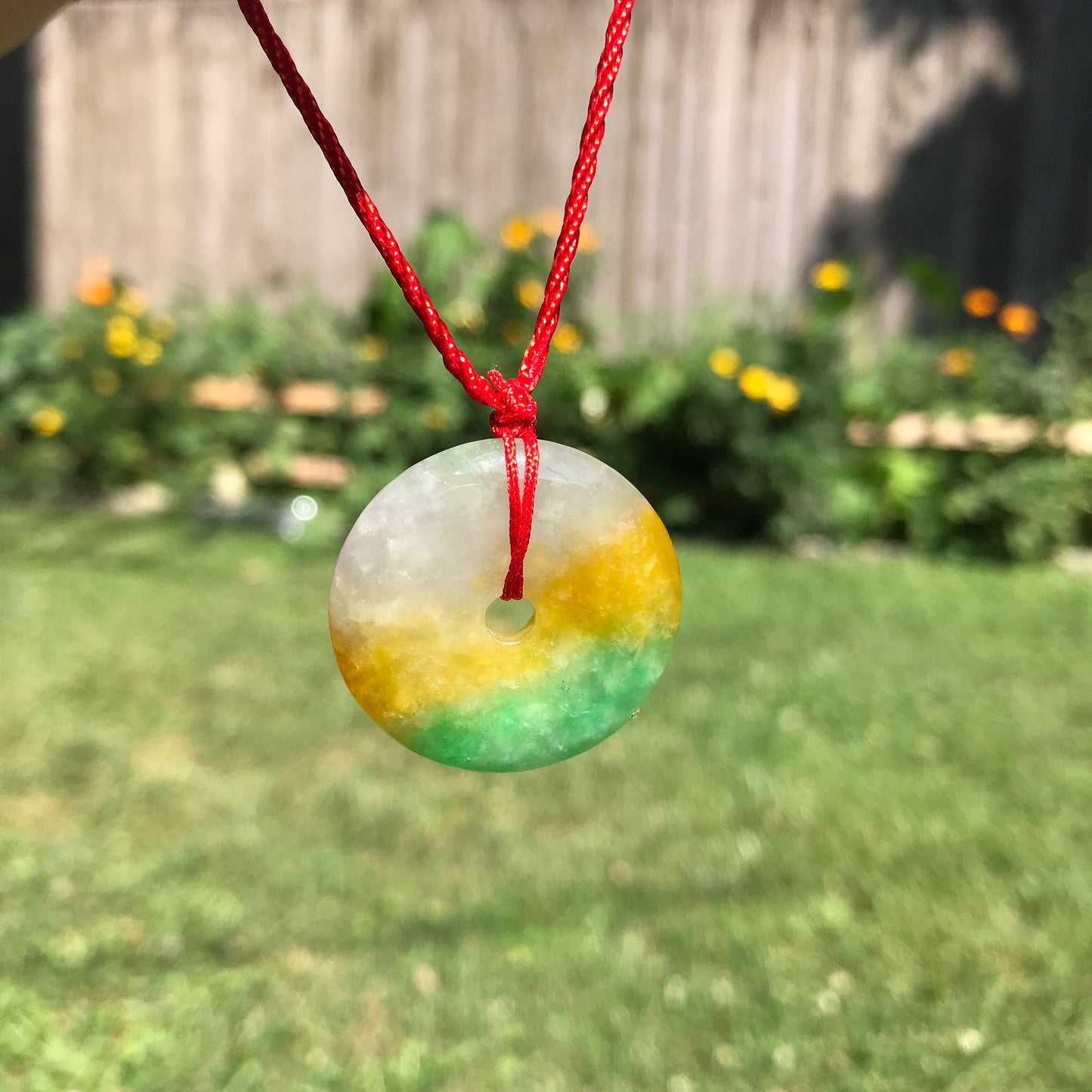Natural Two-tone Donut coin Jade Pendant Red String Necklace, Lucky gift