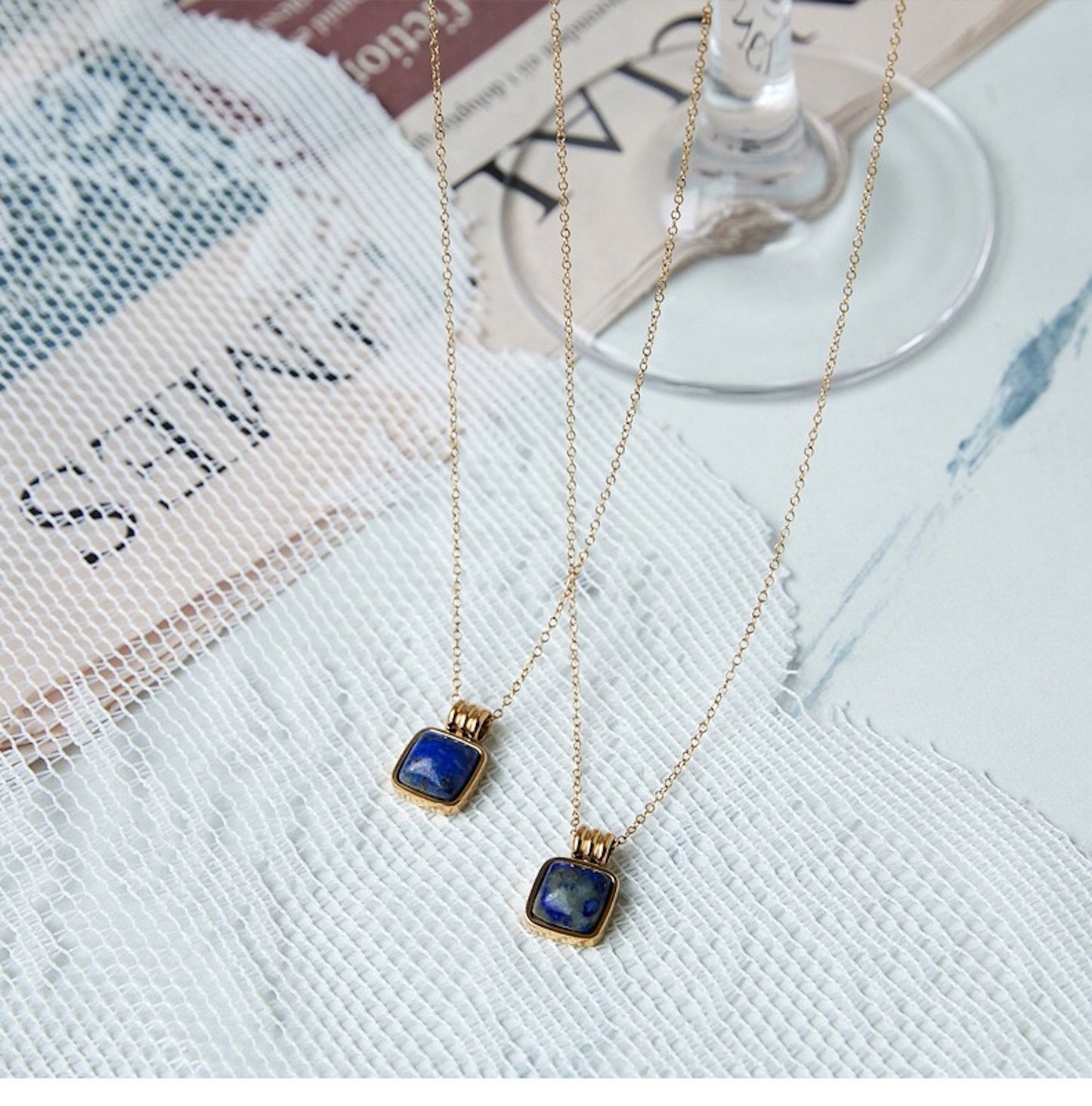 Tiny Square Natural Blue Goldstone Pendant Clavicle Chain, Gold Plated