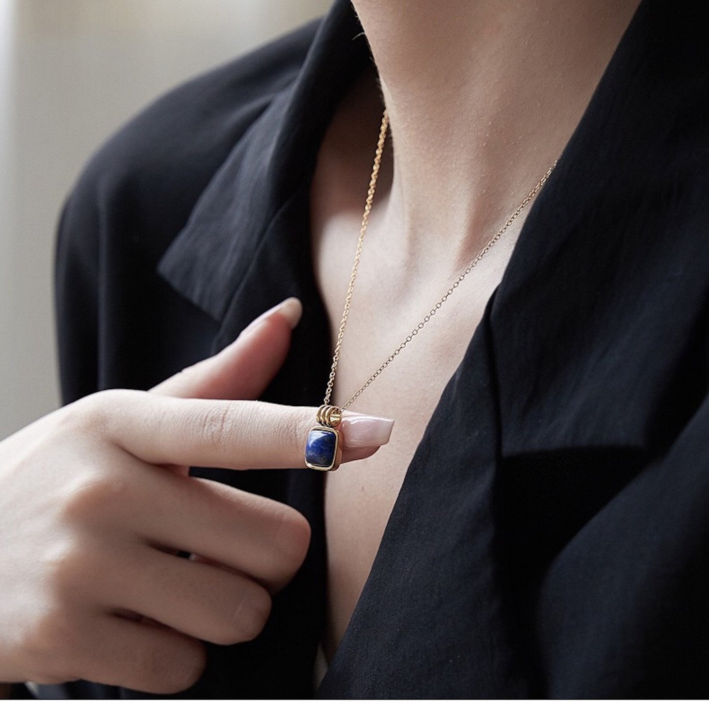 Tiny Square Natural Blue Goldstone Pendant Clavicle Chain, Gold Plated