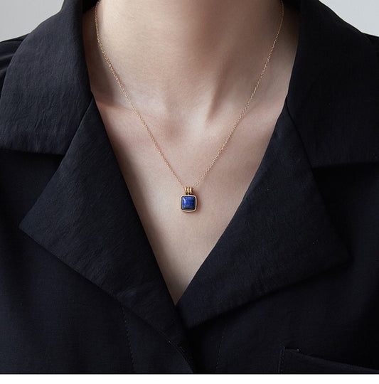 Tiny Square Natural Blue Goldstone Pendant Clavicle Chain, Gold Plated