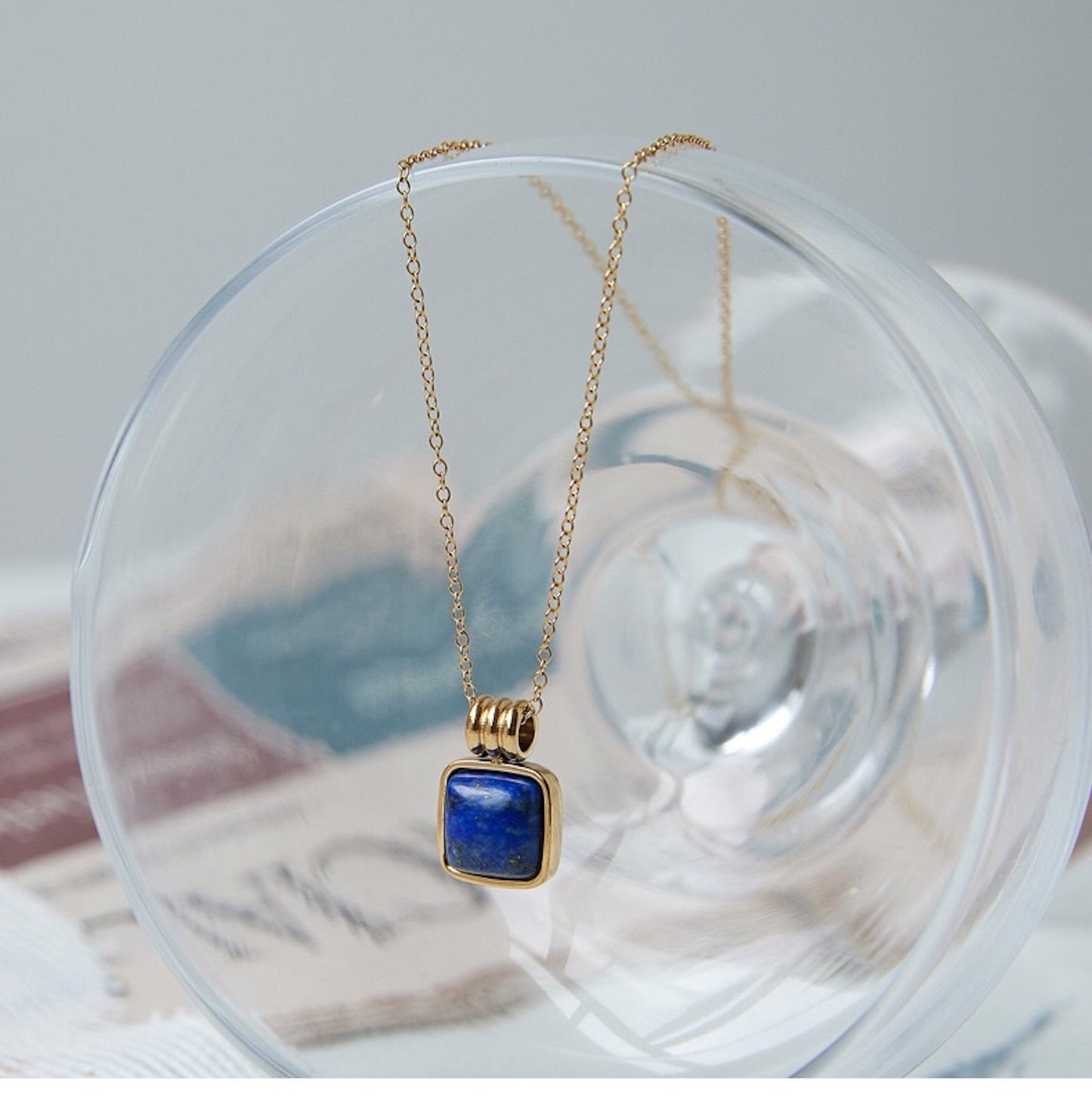 Tiny Square Natural Blue Goldstone Pendant Clavicle Chain, Gold Plated