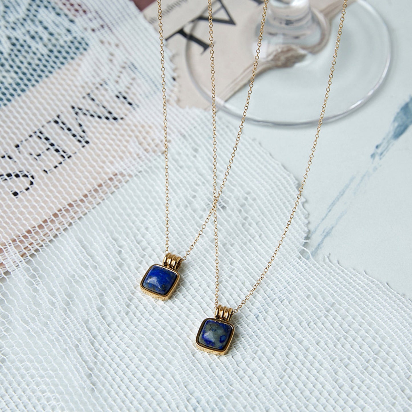 Tiny Square Natural Blue Goldstone Pendant Clavicle Chain, Gold Plated