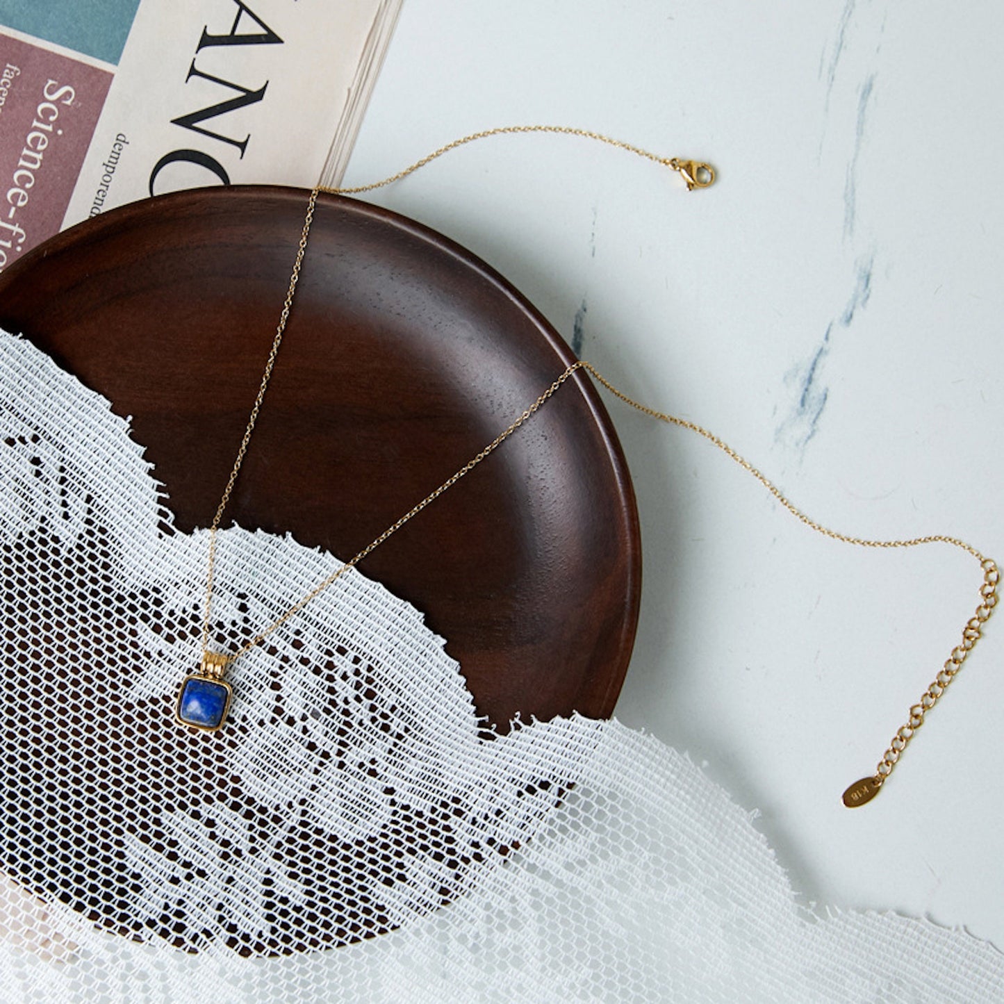 Tiny Square Natural Blue Goldstone Pendant Clavicle Chain, Gold Plated